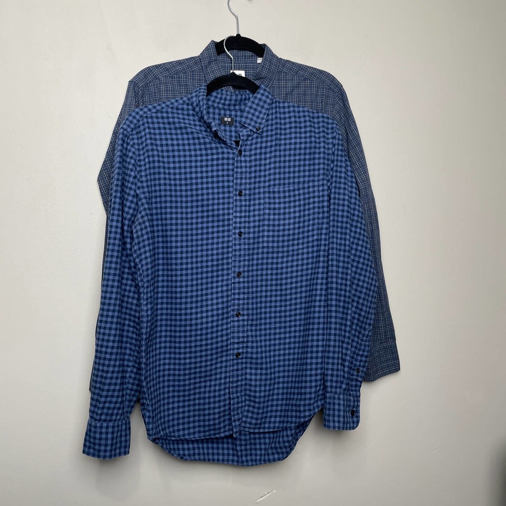 2 Pack Uniqlo Plaid Button Down Long Sleeve Collared Shirts 100% Cotton Blue S